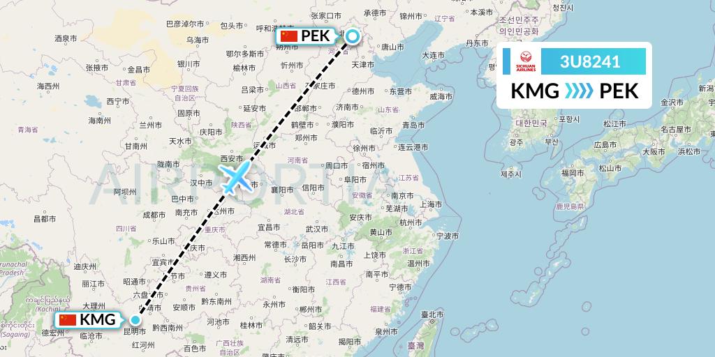 3U8241 Sichuan Airlines Flight Map: Kunming to Beijing