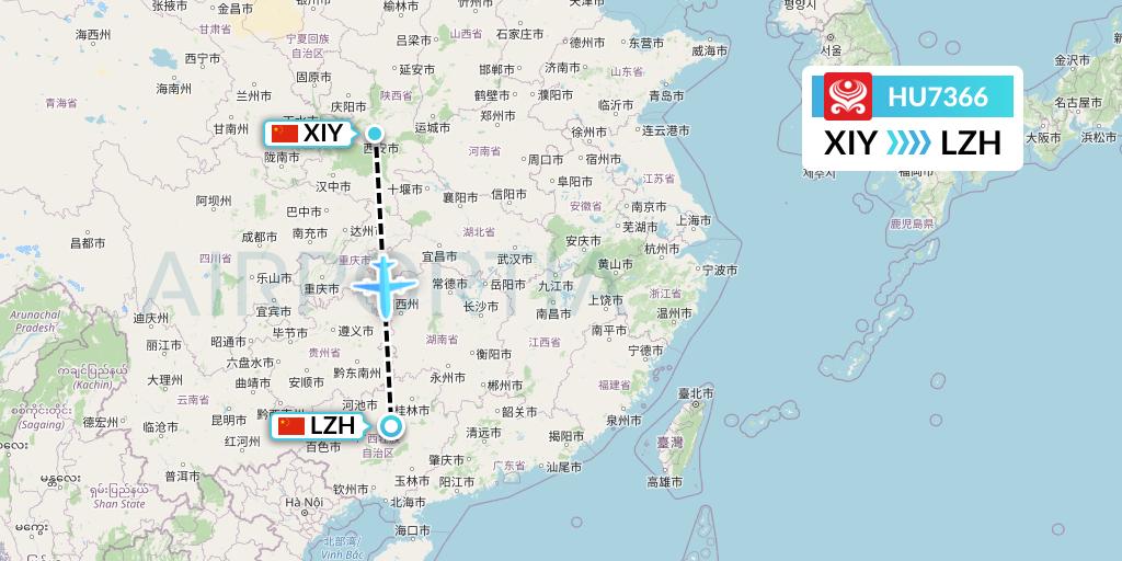 HU7366 Hainan Airlines Flight Map: Xi'an to Liuzhou
