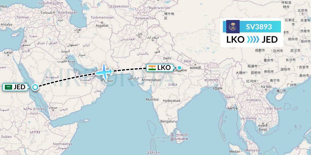 SV3893 Saudi Arabian Airlines Flight Map: Lucknow to Jeddah
