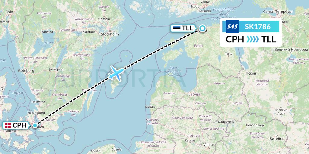 SK1786 SAS Flight Map: Copenhagen to Tallinn