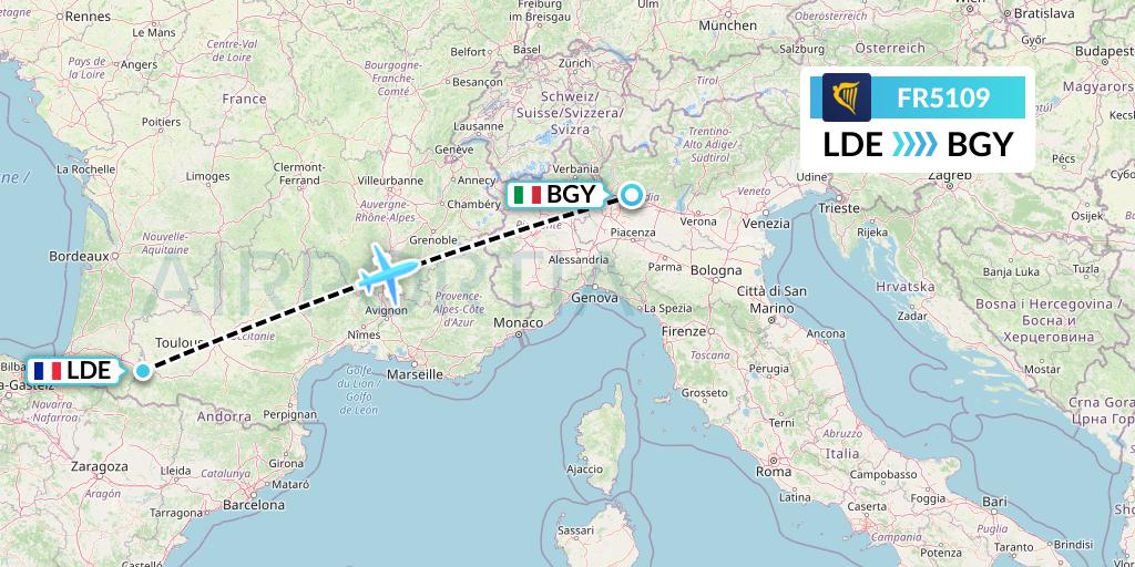FR5109 Ryanair Flight Map: Tarbes to Milan