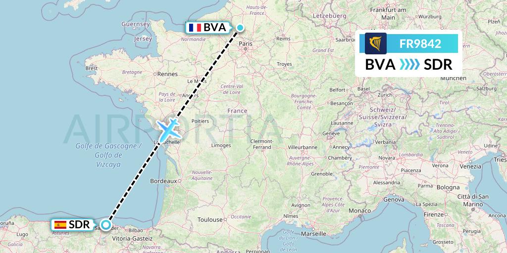 FR9842 Ryanair Flight Map: Paris to Santander