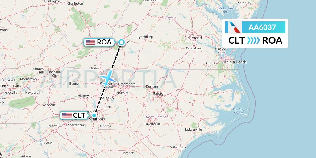 AA6037 American Airlines Flight Map: Charlotte to Roanoke