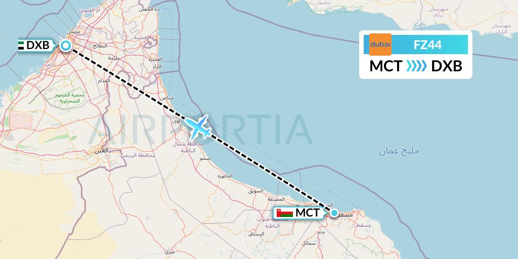 FZ44 FlyDubai Flight Map: Muscat to Dubai