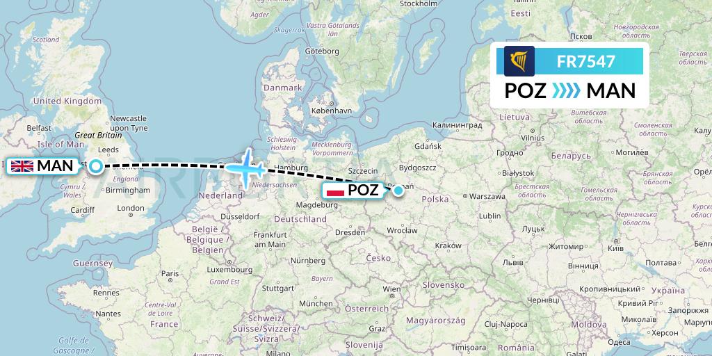 FR7547 Ryanair Flight Map: Poznan to Manchester