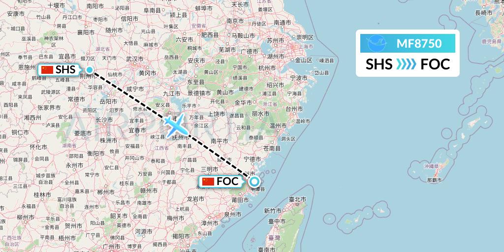 MF8750 Xiamen Airlines Flight Map: Shashi to Fuzhou