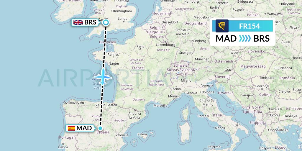 FR154 Ryanair Flight Map: Madrid to Bristol