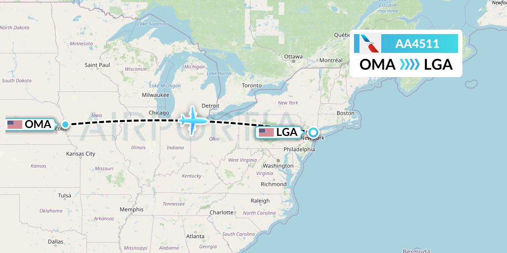 AA4511 American Airlines Flight Map: Omaha to New York