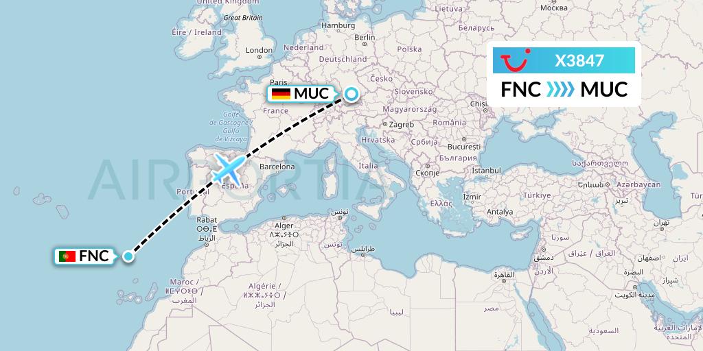 X3847 TUI fly Germany Flight Map: Funchal to Munich