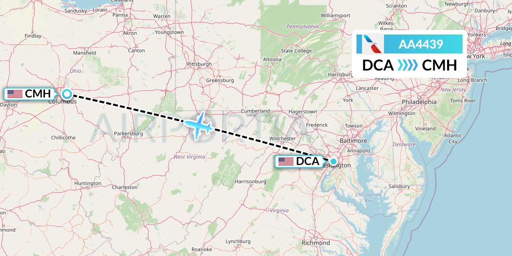 AA4439 American Airlines Flight Map: Washington to Columbus