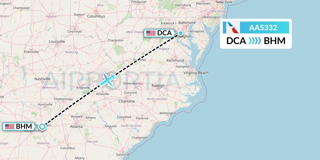 AA5332 American Airlines Flight Map: Washington to Birmingham