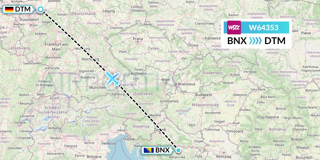W64353 Wizz Air Flight Map: Banja Luka to Dortmund