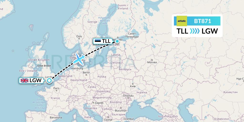 BT871 Air Baltic Flight Map: Tallinn to London