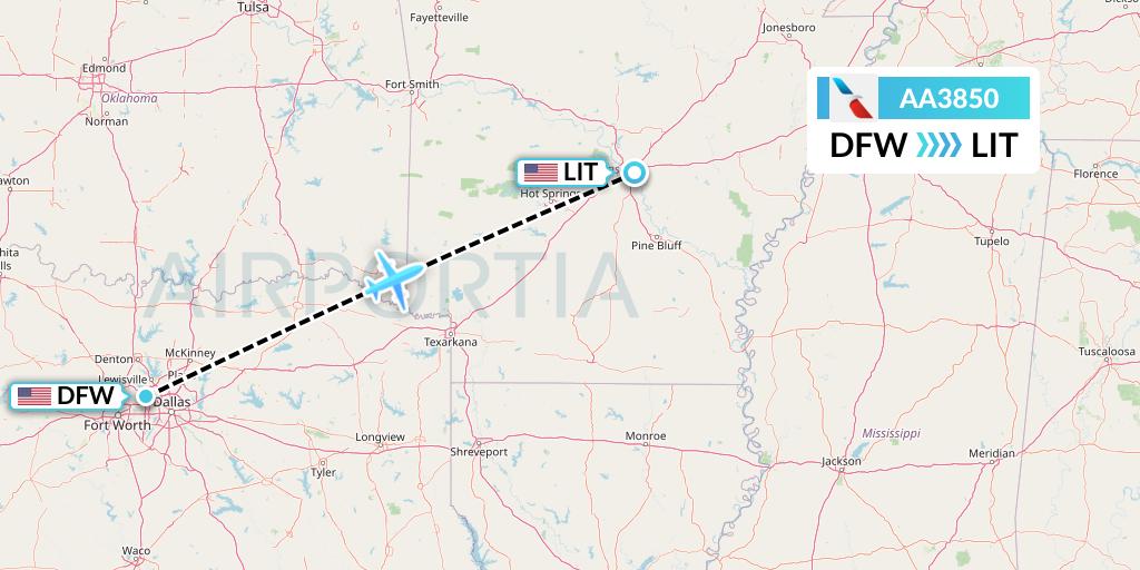 AA3850 American Airlines Flight Map: Dallas to Little Rock