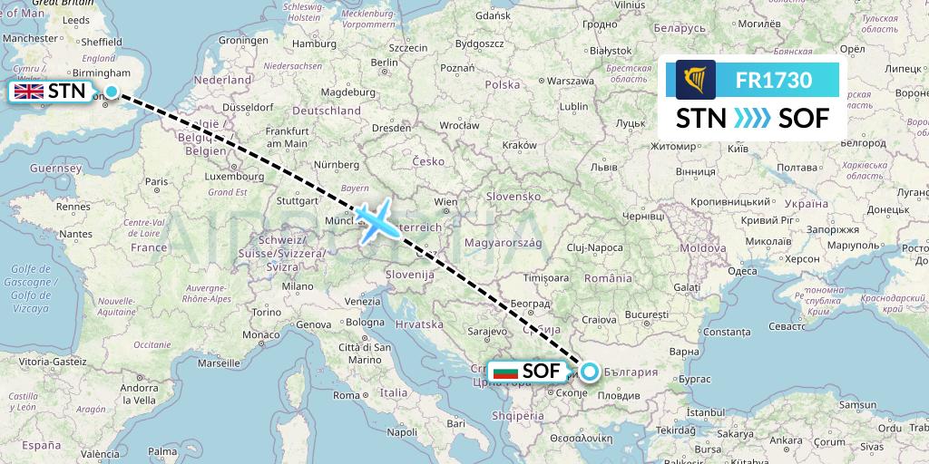 FR1730 Ryanair Flight Map: London to Sofia