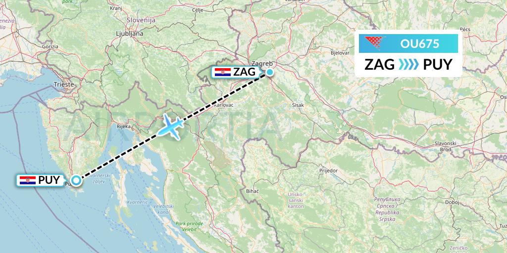 OU675 Croatia Airlines Flight Map: Zagreb to Pula