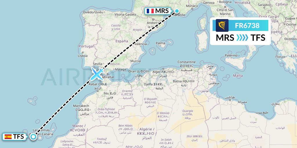 FR6738 Ryanair Flight Map: Marseille to Tenerife