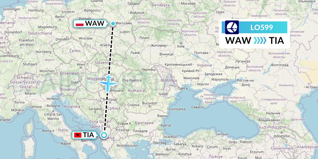 LO599 LOT Flight Map: Warsaw to Tirana