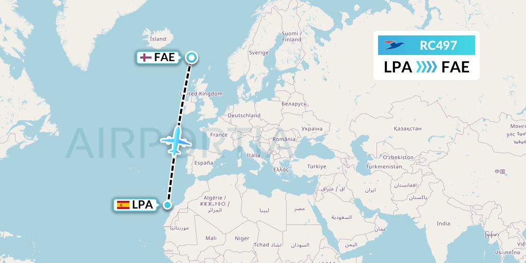RC497 Atlantic Airways Flight Map: Las Palmas to Vagar