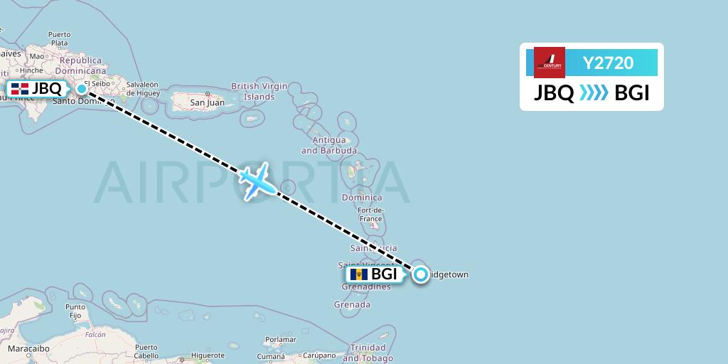 Y2720 Air Century Flight Map: Santo Domingo to Bridgetown