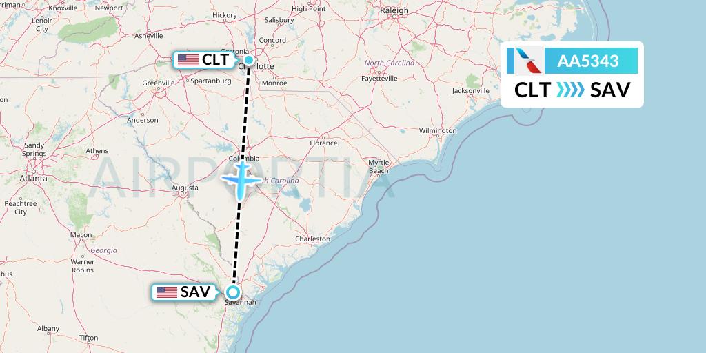 AA5343 American Airlines Flight Map: Charlotte to Savannah