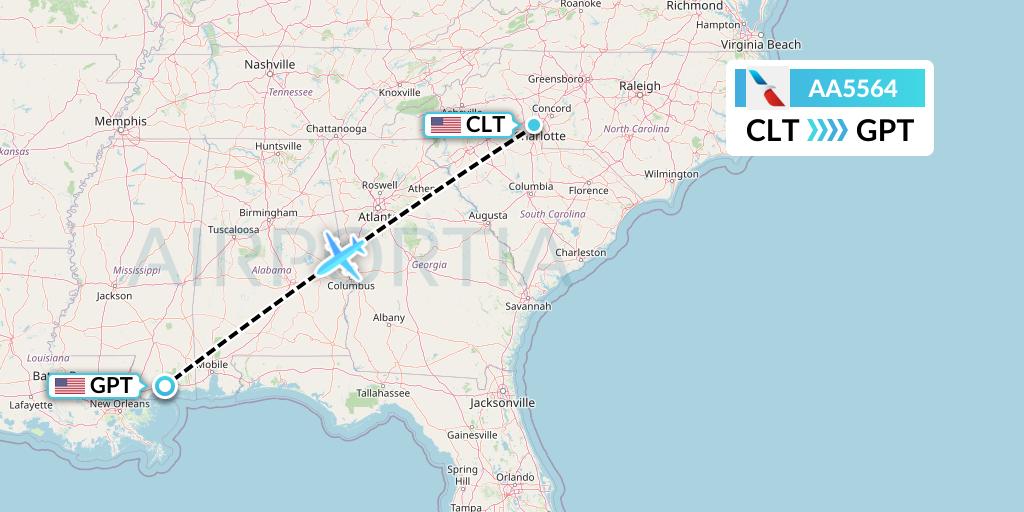 AA5564 American Airlines Flight Map: Charlotte to Gulfport