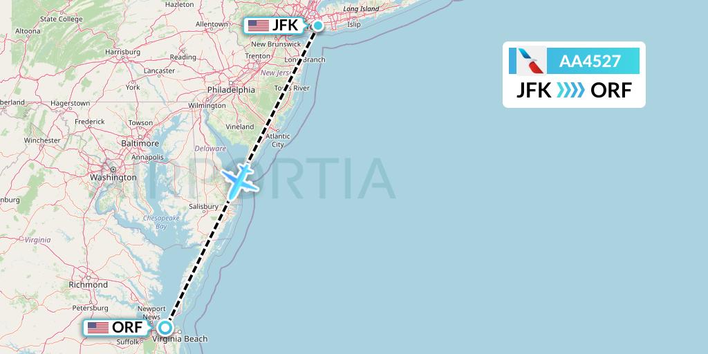AA4527 American Airlines Flight Map: New York to Norfolk