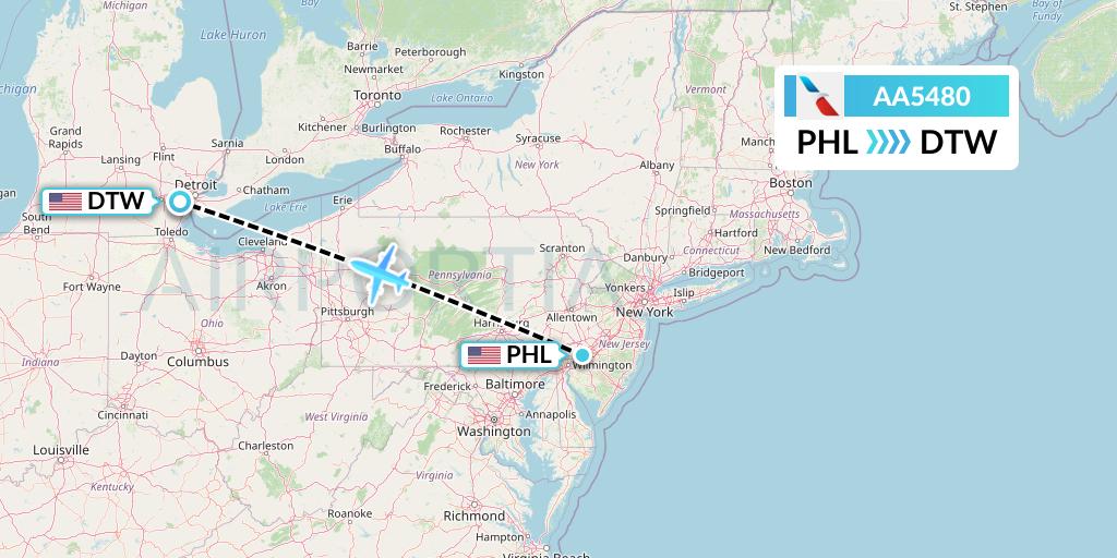 AA5480 American Airlines Flight Map: Philadelphia to Detroit