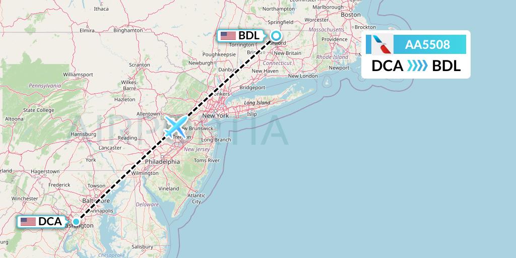 AA5508 American Airlines Flight Map: Washington to Windsor Locks