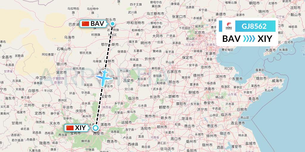 GJ8562 Loong Airlines Flight Map: Baotou to Xi'an