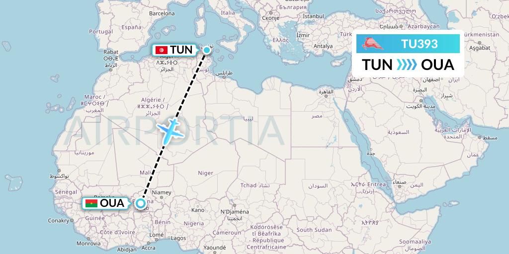 TU393 Tunisair Flight Map: Tunis to Ouagadougou