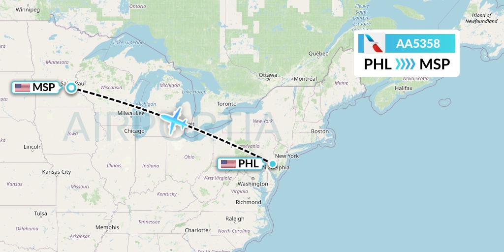 AA5358 American Airlines Flight Map: Philadelphia to Minneapolis