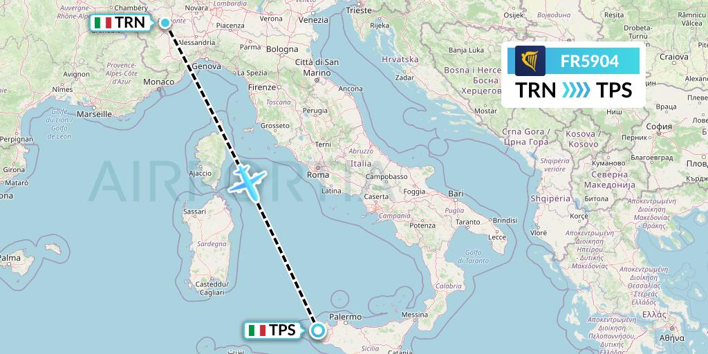 FR5904 Ryanair Flight Map: Turin to Trapani