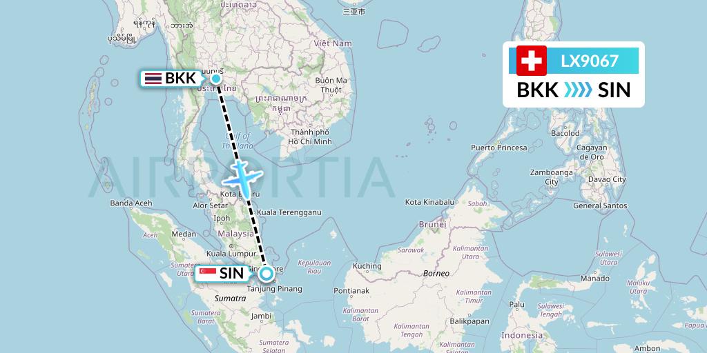 LX9067 Swiss Flight Map: Bangkok to Singapore