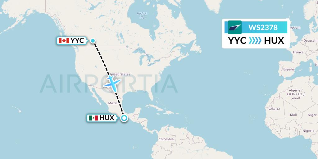 WS2378 WestJet Flight Map: Calgary to Huatulco