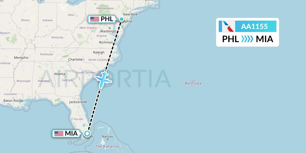 AA1155 American Airlines Flight Map: Philadelphia to Miami