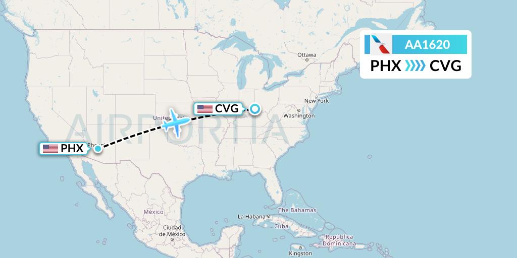 AA1620 American Airlines Flight Map: Phoenix to Cincinnati