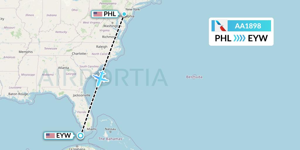 AA1898 American Airlines Flight Map: Philadelphia to Key West