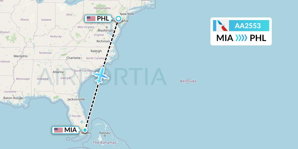 AA2553 American Airlines Flight Map: Miami to Philadelphia