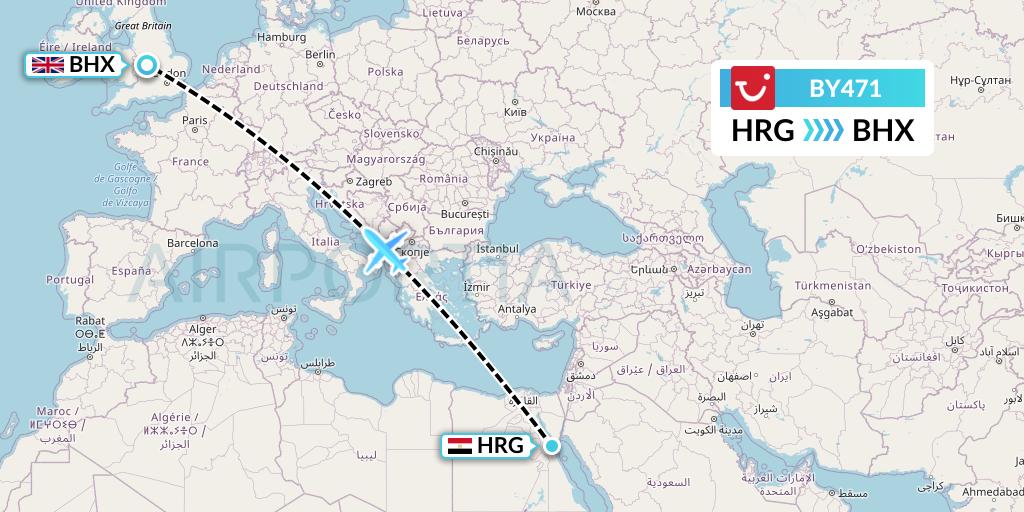 BY471 TUI Airways Flight Map: Hurghada to Birmingham
