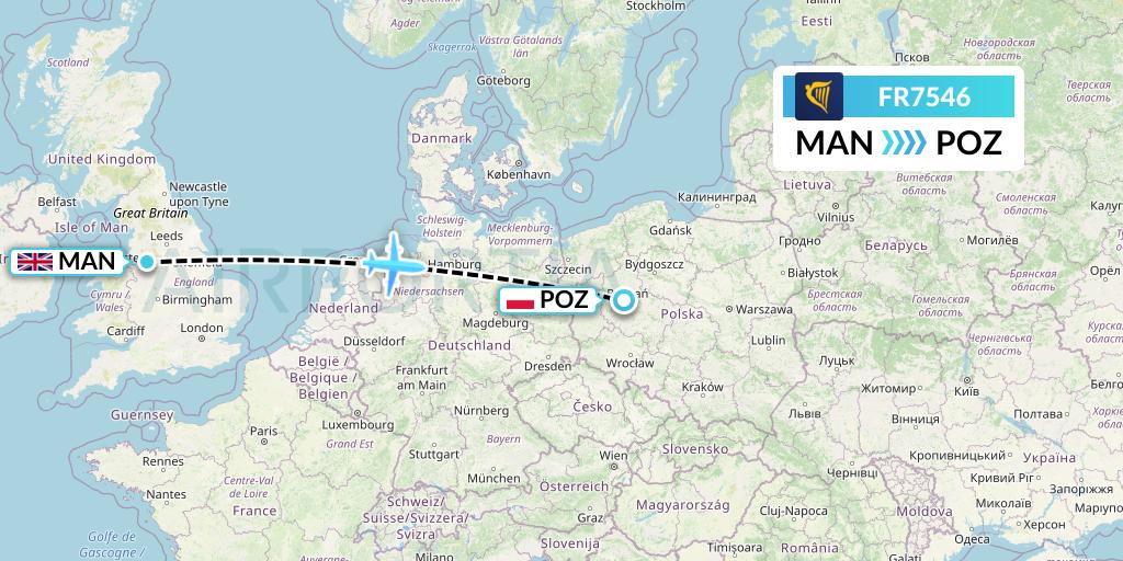 FR7546 Ryanair Flight Map: Manchester to Poznan
