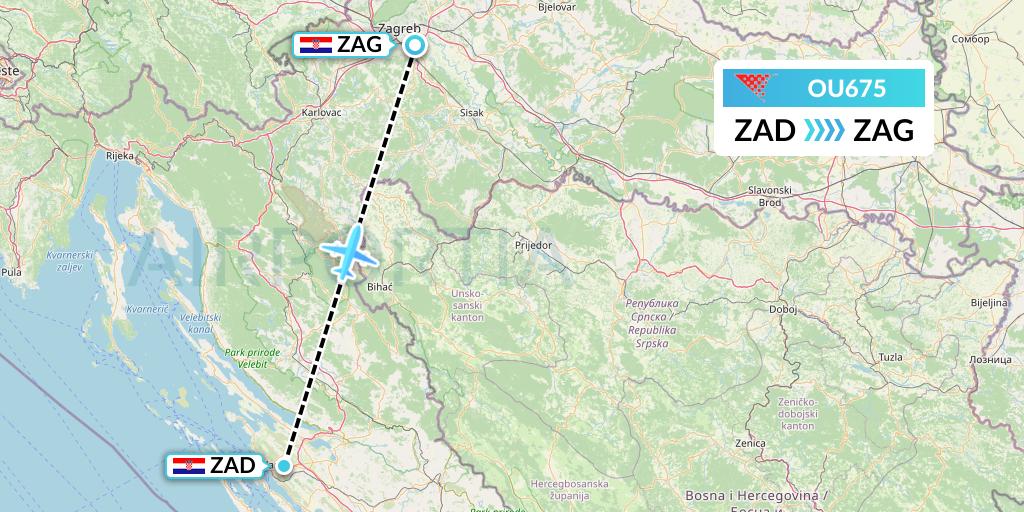 OU675 Croatia Airlines Flight Map: Zadar to Zagreb