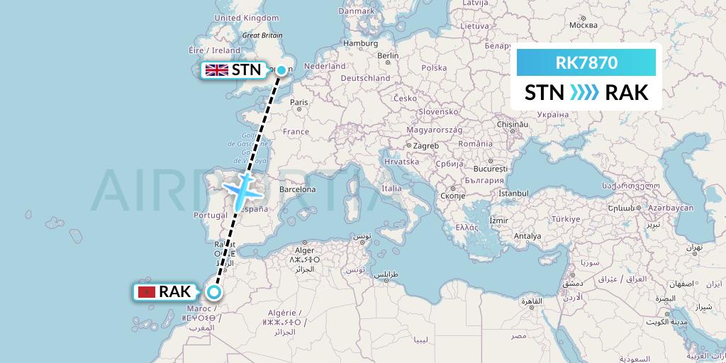 RK7870 Ryanair UK Flight Map: London to Marrakesh 