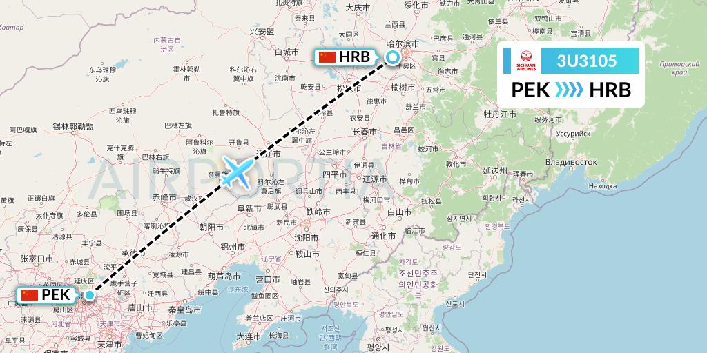 3U3105 Sichuan Airlines Flight Map: Beijing to Harbin