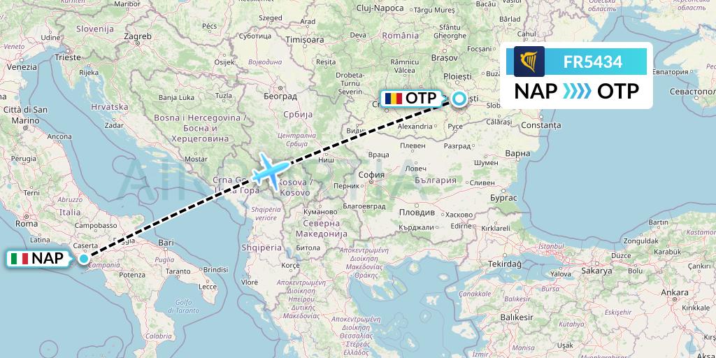 FR5434 Ryanair Flight Map: Naples to Bucharest