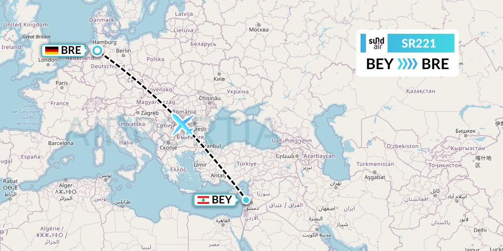 SR221 SundAir Flight Map: Beirut to Bremen