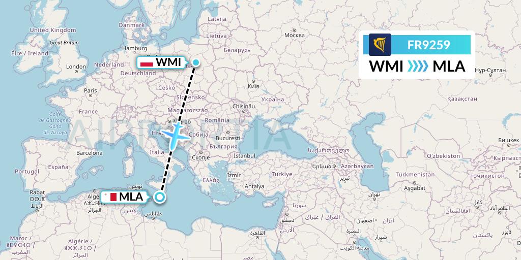 FR9259 Ryanair Flight Map: Warsaw to Malta