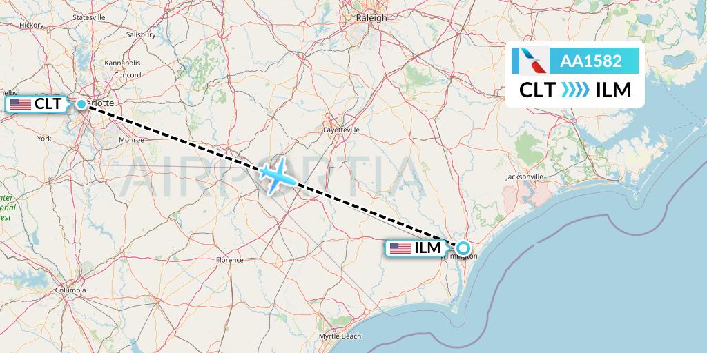 AA1582 American Airlines Flight Map: Charlotte to Wilmington