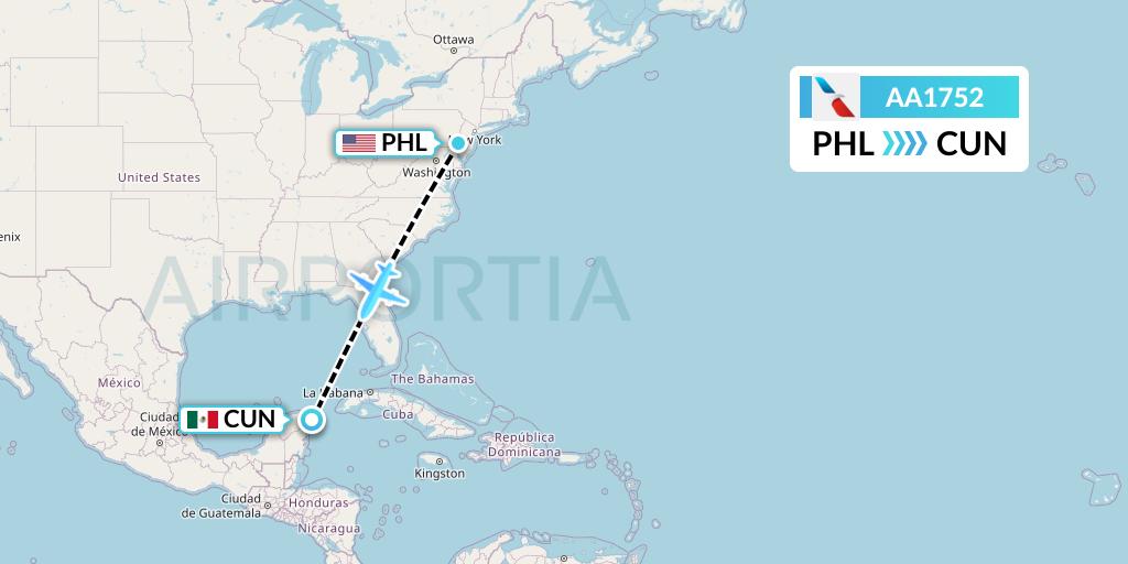 AA1752 American Airlines Flight Map: Philadelphia to Cancun