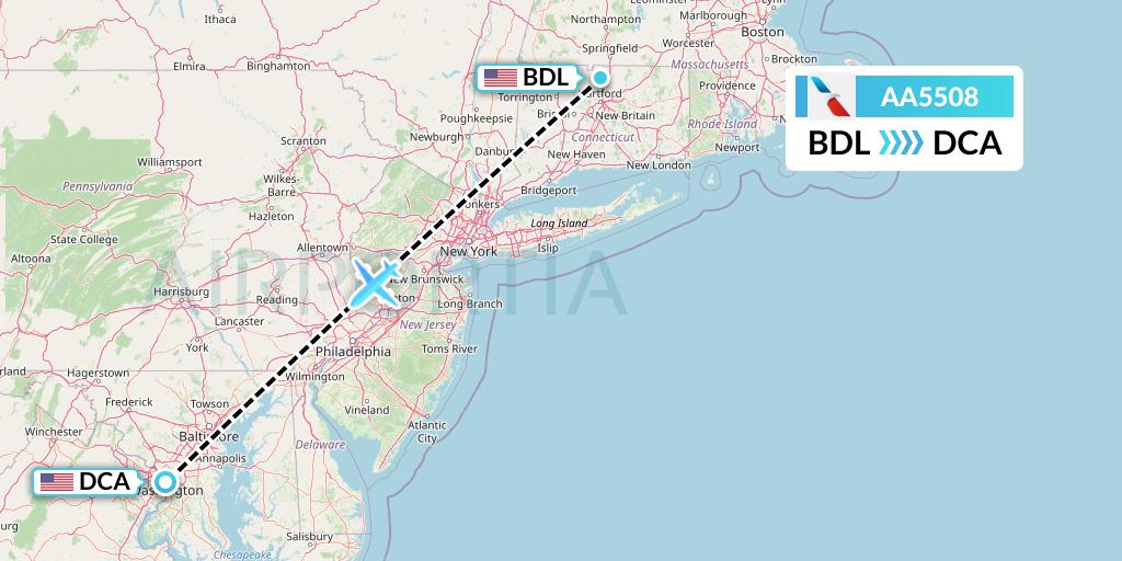 AA5508 American Airlines Flight Map: Windsor Locks to Washington